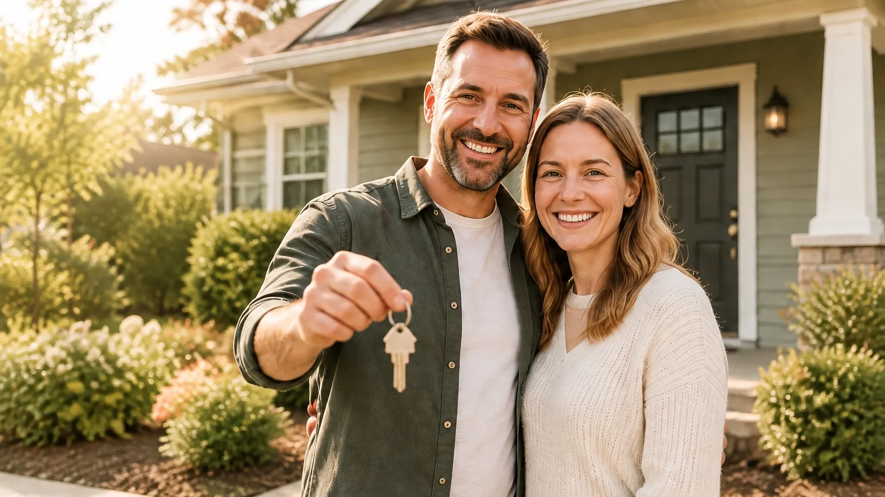 A smiling couple holding keys in front of their home
